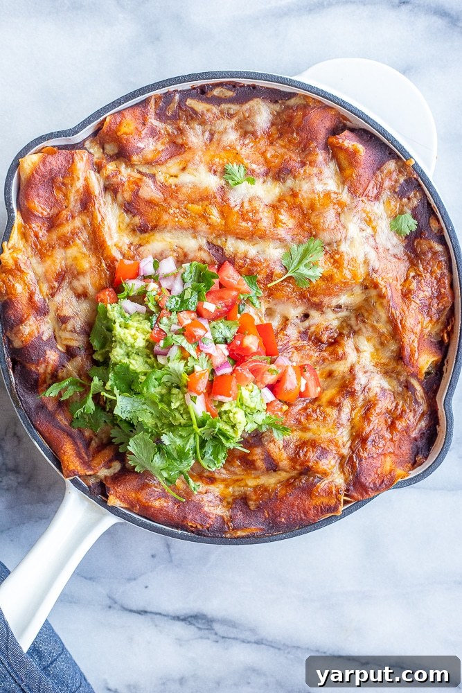 Gooey Zucchini Enchilada Bake 2 Pan of golden-brown cheesy zucchini enchiladas, garnished with fresh guacamole and pico de gallo, ready to serve.