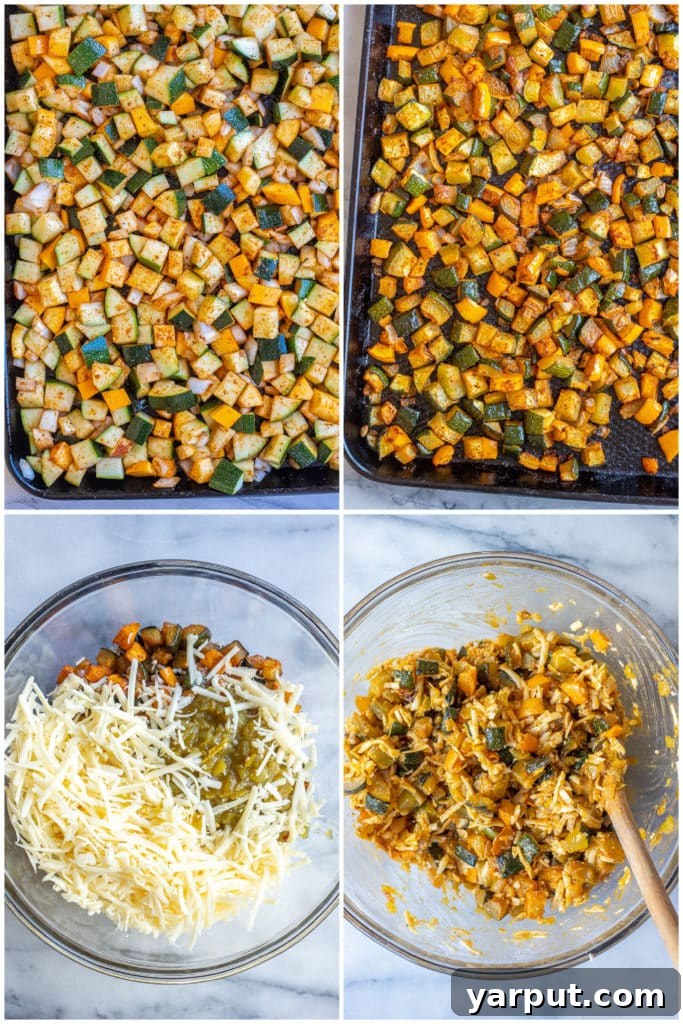 Gooey Zucchini Enchilada Bake 3 Step-by-step photos demonstrating how to prepare the flavorful zucchini and onion filling for the enchiladas.