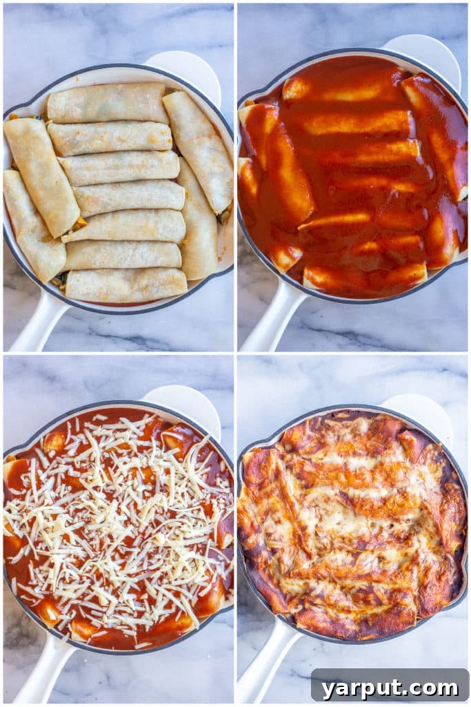 Gooey Zucchini Enchilada Bake 4 Step-by-step photos illustrating the assembly process of the enchiladas in a baking dish before pouring sauce and cheese.