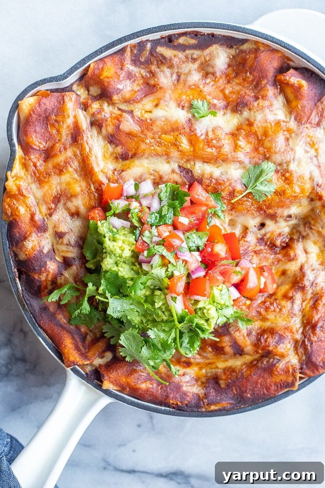Gooey Zucchini Enchilada Bake 5 Close-up view of a pan of cheesy zucchini enchiladas, perfectly baked with melted golden cheese and bubbling sauce.