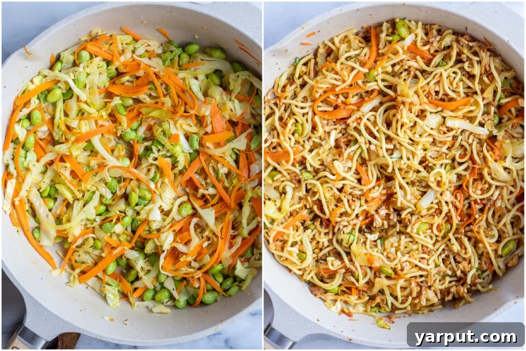 Wok-Kissed Noodles with Golden Tofu Crumbles 4 Stir-fry vegetables, including shredded cabbage, carrots, and edamame, being cooked in a large pan with noodles about to be added.