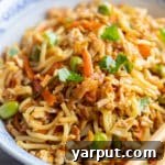 Stir-fry noodles with crispy grated tofu in a bowl, ready to serve.