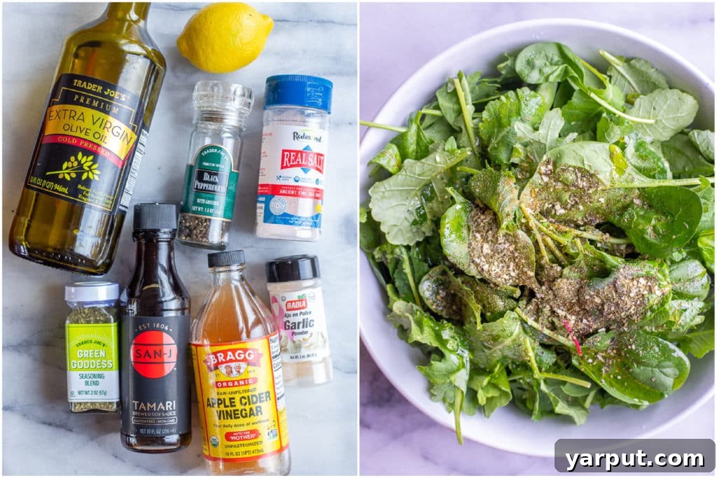 Scrumptious 5-Minute Dinner Salad 4 Salad dressing ingredients freshly drizzled over a bowl of spring mix salad, ready for tossing.