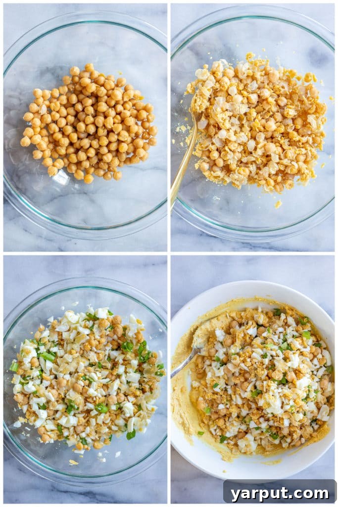 Golden Curried Chickpea & Egg Salad 4 Close-up of perfectly mashed chickpeas, ready to be incorporated into the creamy curried egg salad.