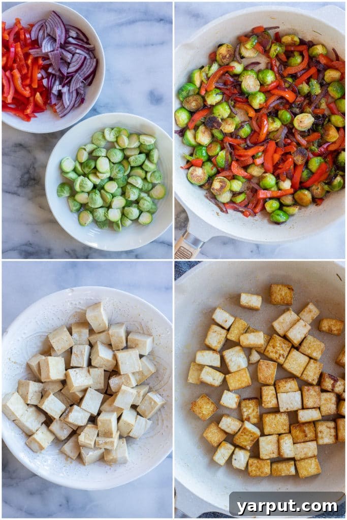 Flavorful Balsamic Tofu and Vegetable Medley 3 A step-by-step image showing crispy tofu cubes being stirred in a pan alongside a medley of colorful cooked vegetables.