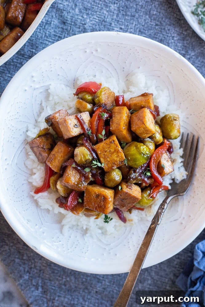 Flavorful Balsamic Tofu and Vegetable Medley 6 A bowl of balsamic tofu with vegetables, beautifully plated over a bed of white rice.