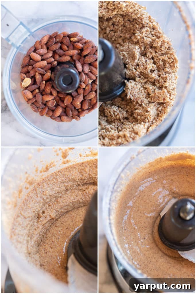Smoky Almond Butter Chocolate Date Bliss 3 showing how to make homemade smoky almond butter using a food processor