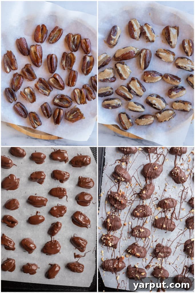 Smoky Almond Butter Chocolate Date Bliss 4 showing how to make almond butter stuffed dates covered with chocolate