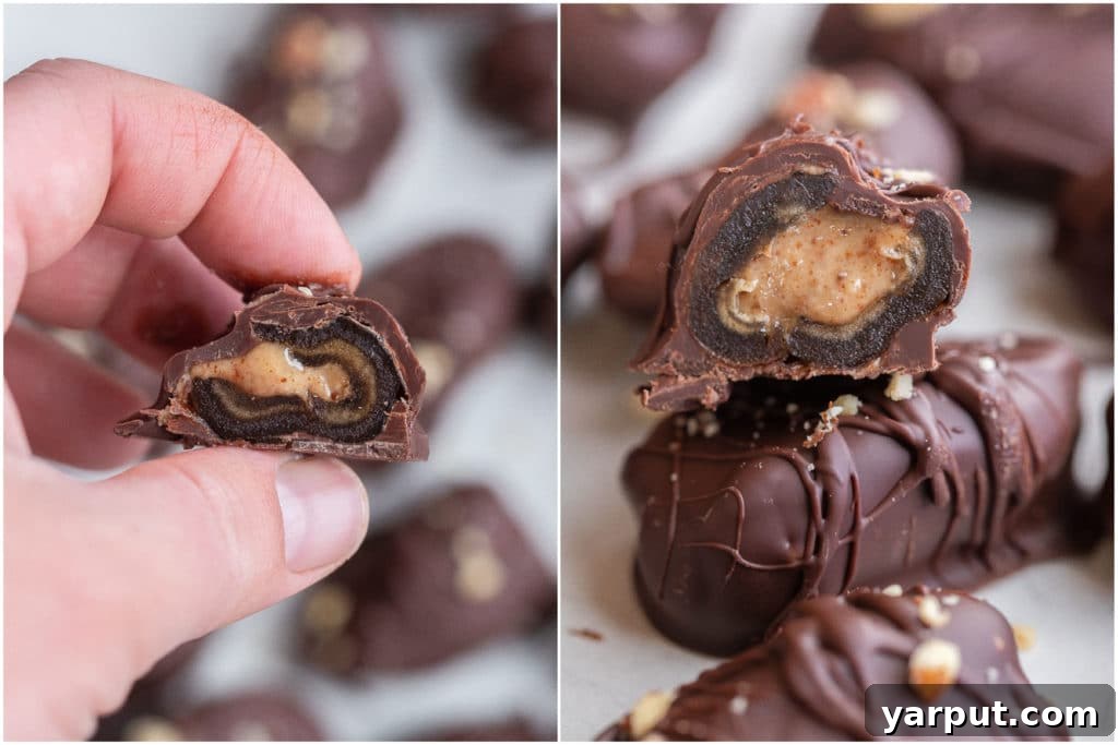 Smoky Almond Butter Chocolate Date Bliss 6 close up of the inside of an almond butter stuffed date