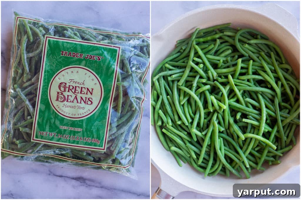 A visual contrast showing a bag of frozen green beans next to a pan filled with perfectly cooked, glistening Miso Sesame Green Beans.