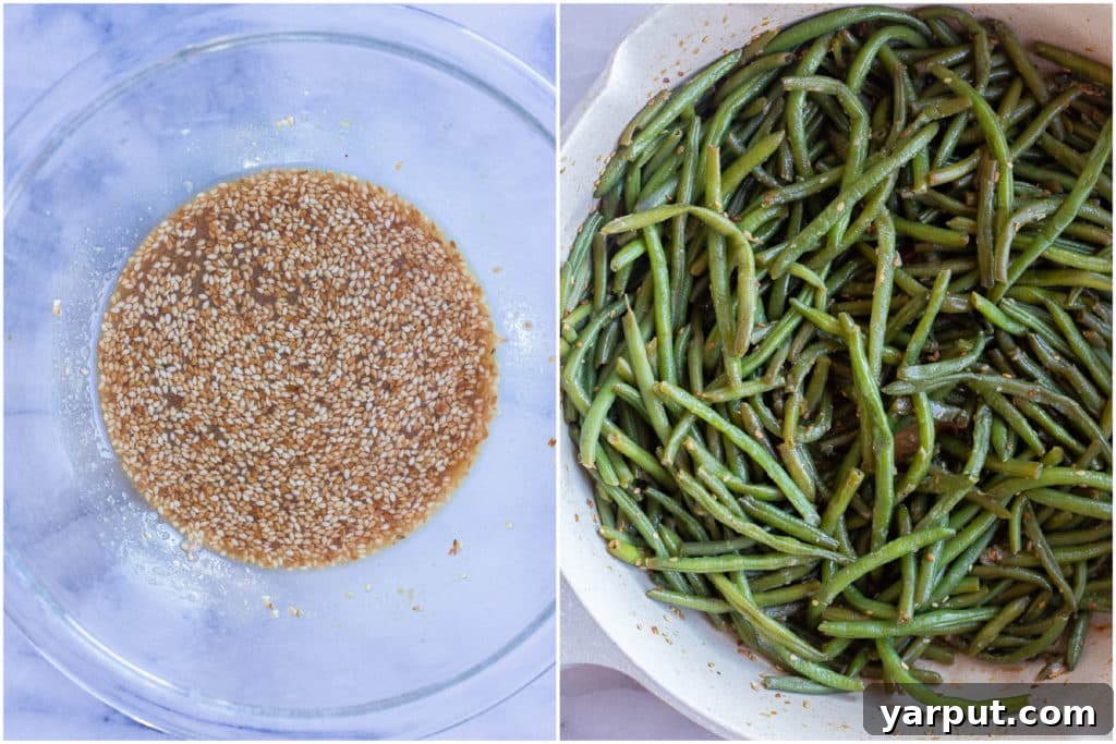 Close-up shot of the rich Miso Sesame sauce being poured over perfectly cooked green beans in a pan, highlighting the glossy texture.