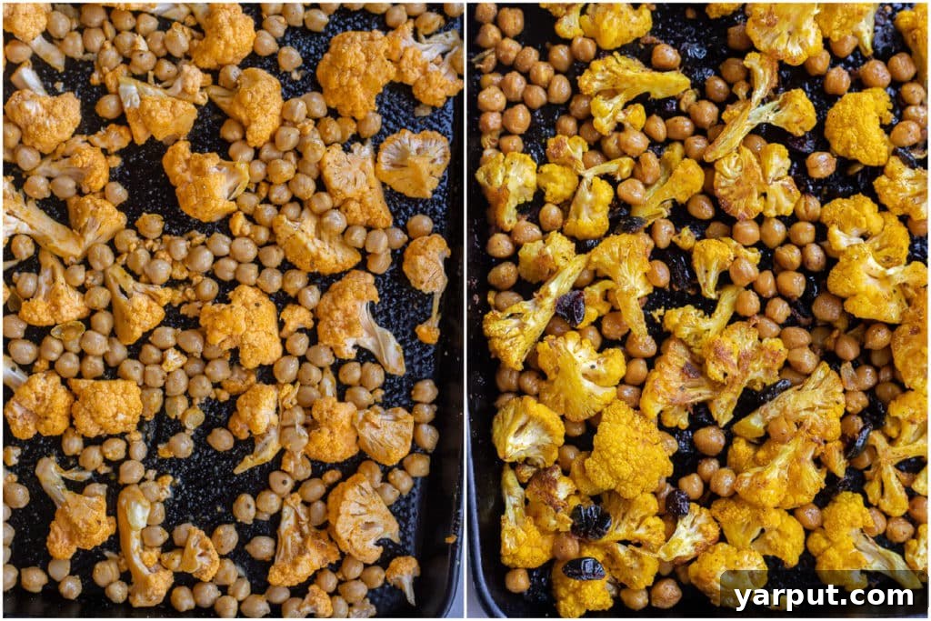 Detailed shot showing how to prepare golden roasted cauliflower with chickpeas on a baking sheet before roasting.