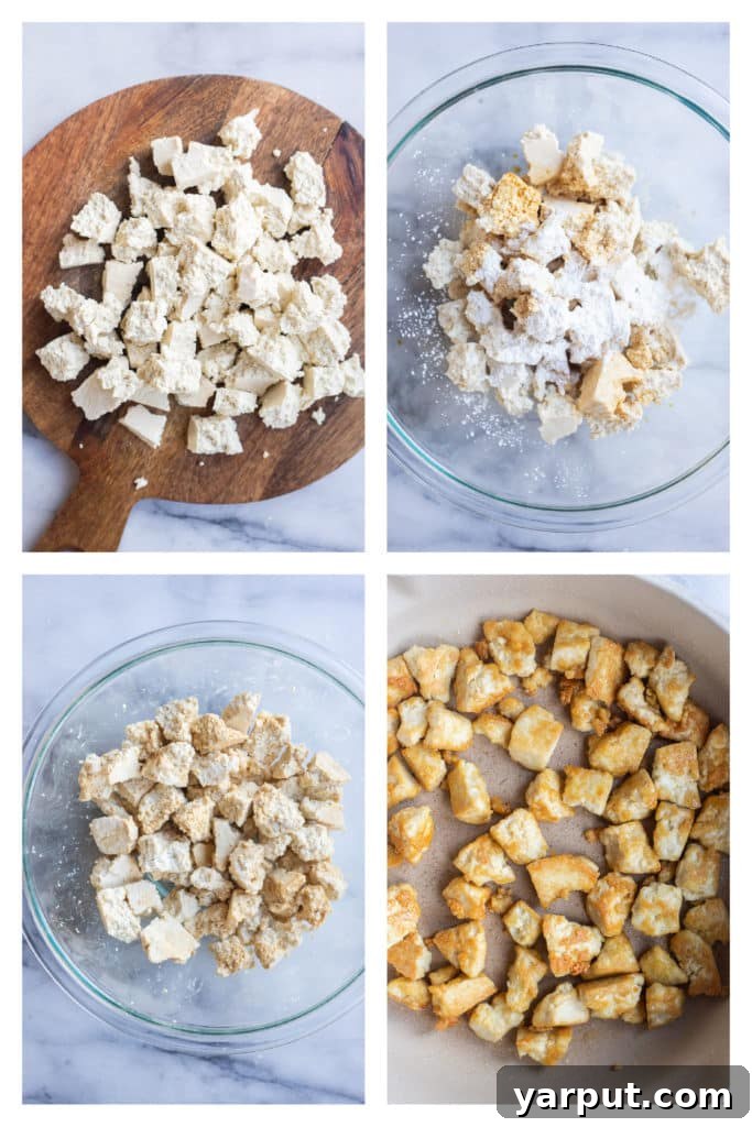 Sweet & Sticky Ginger Cashew Tofu 3 showing how to make crispy pan fried tofu with corn starch