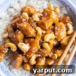 Crispy Sticky Ginger Cashew Tofu served with rice and broccoli