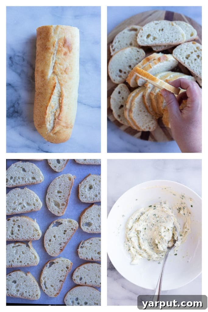 Umami Garlic Crisps with Miso Butter 3 showing how to cut your bread in small pieces to make thin and crispy garlic bread