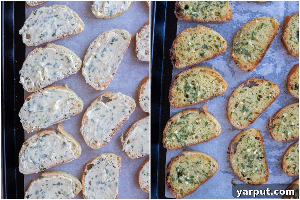 Umami Garlic Crisps with Miso Butter 4 garlic bread with miso butter spread over it before and after it has been baked