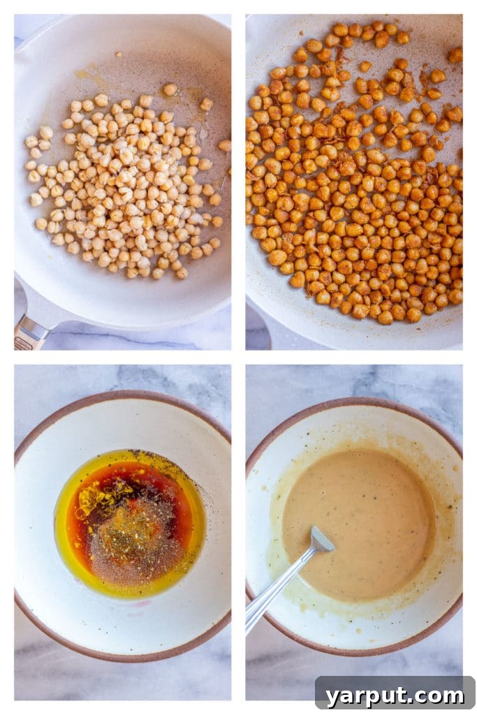 Step-by-step preparation of crispy seasoned chickpeas and creamy tahini dressing for holiday salad