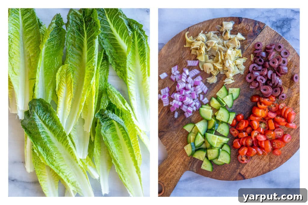 A display of fresh ingredients for Romaine Lettuce Greek Salad Christmas Tree including chickpeas, vegetables, and dressing