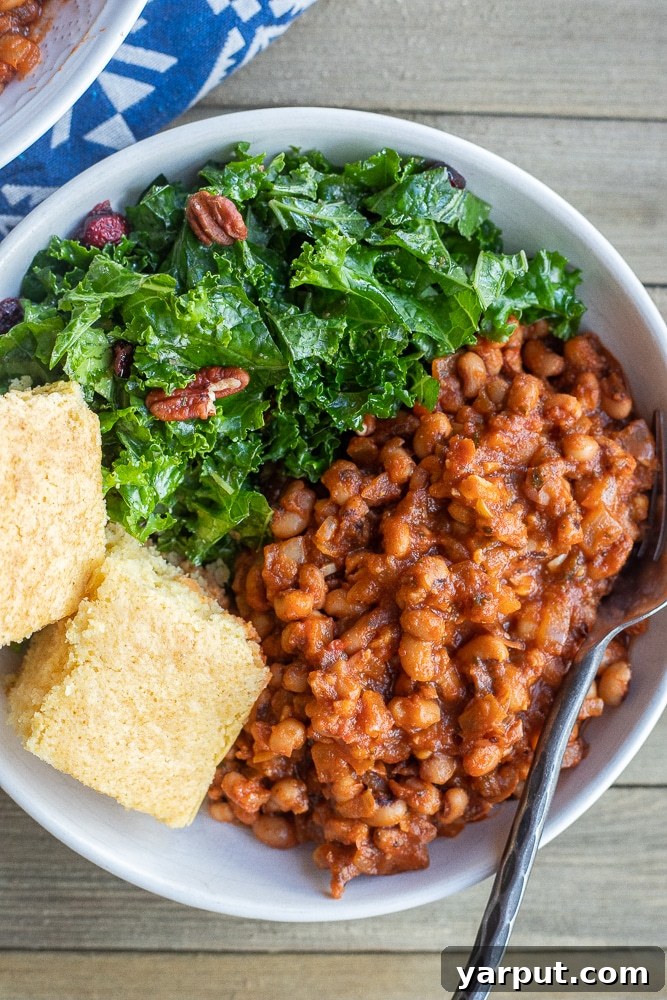 Smoky BBQ Black-Eyed Peas 2 BBQ Black Eyed Peas with kale salad and cornbread, a perfect New Year's meal.