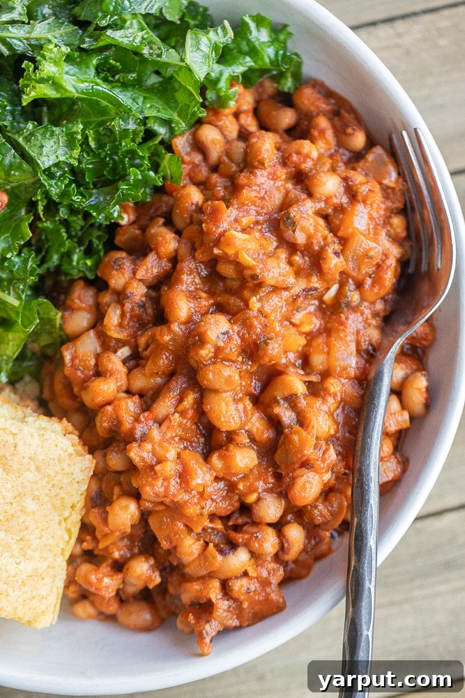Smoky BBQ Black-Eyed Peas 6 Close up of a serving of homemade BBQ Black Eyed Peas, rich and savory.