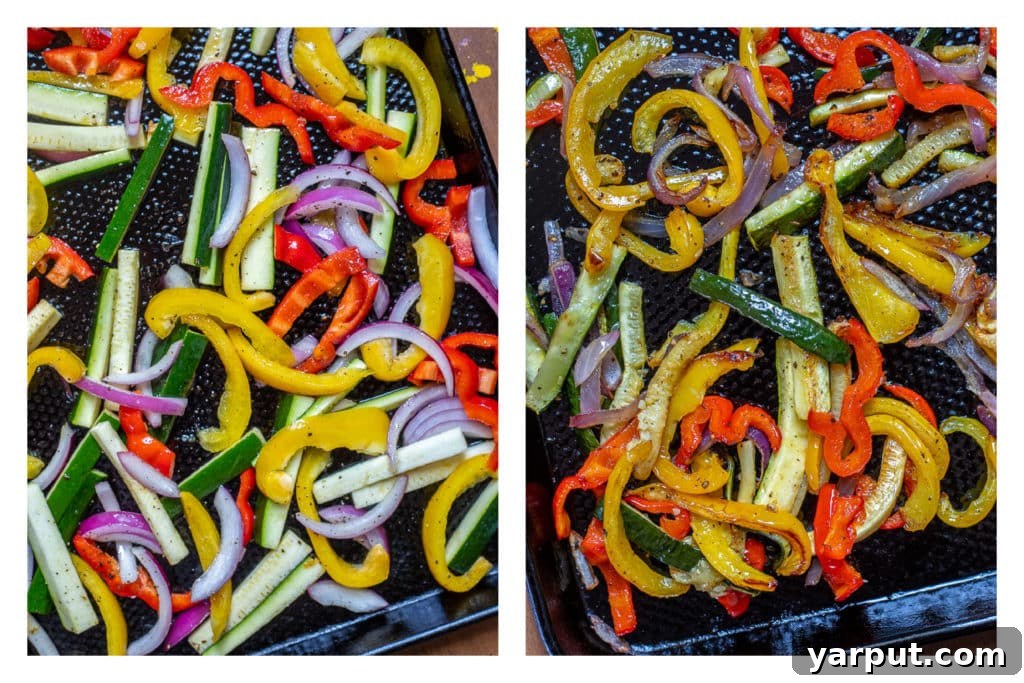 Zesty Roasted Veggie Hummus Wraps with Crumbled Feta 3 Overhead view showing the preparation process of roasting colorful vegetables like bell peppers, zucchini, and red onion on a baking sheet, seasoned with olive oil, salt, and pepper.