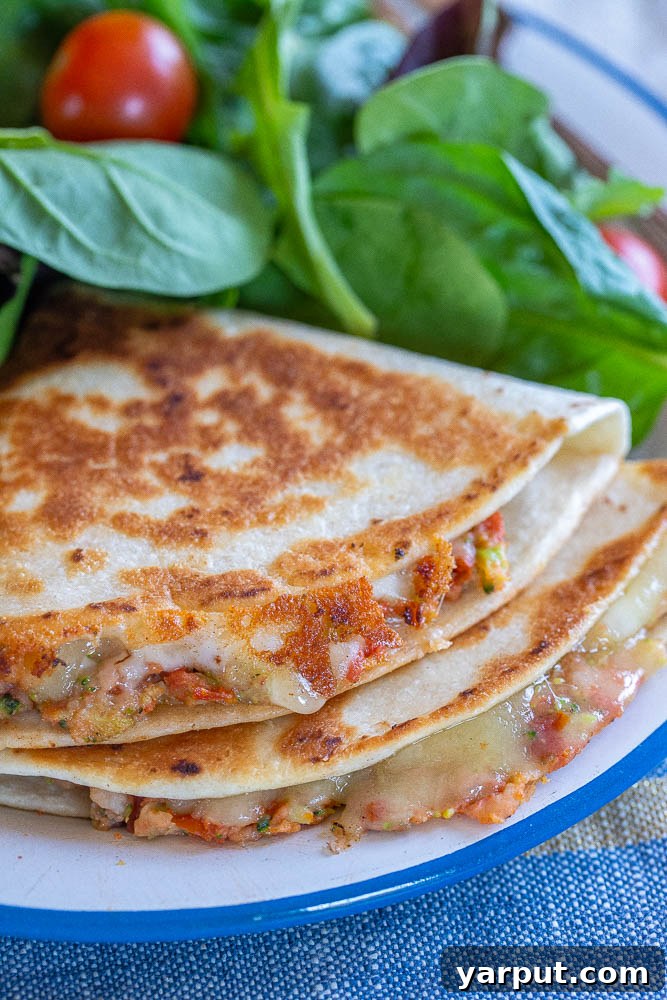 Simple Vegetarian Meal Plan Week One 6 Golden-brown Sun-Dried Tomato Quesadillas filled with creamy white beans and green broccoli florets, served with a side of salsa.