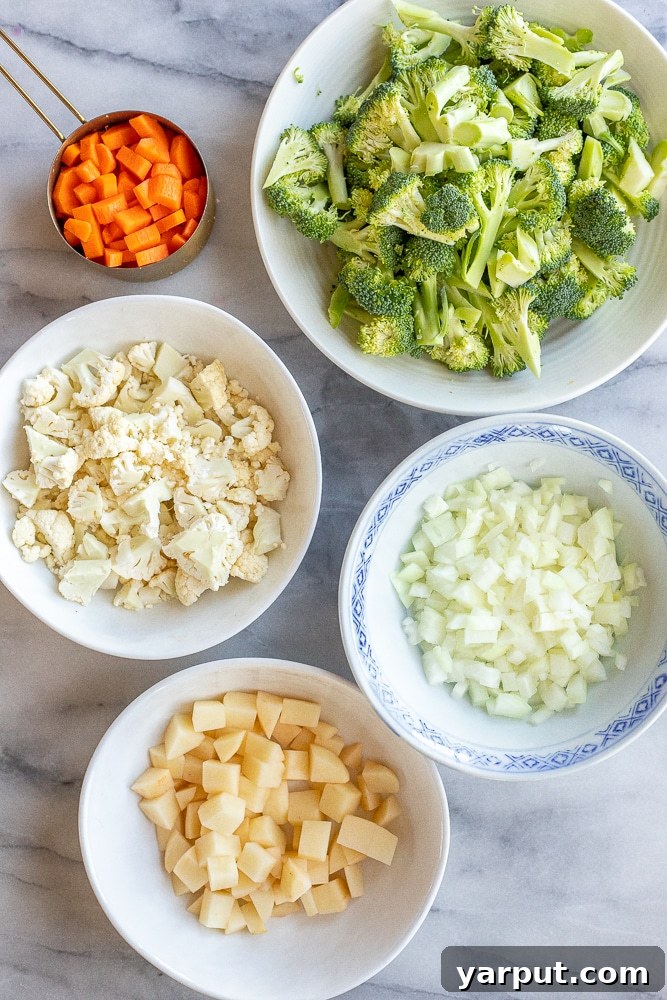 Velvety Broccoli Cheddar Soup with Fresh Vegetables 3 all the vegetable ingredients for the broccoli cheddar soup