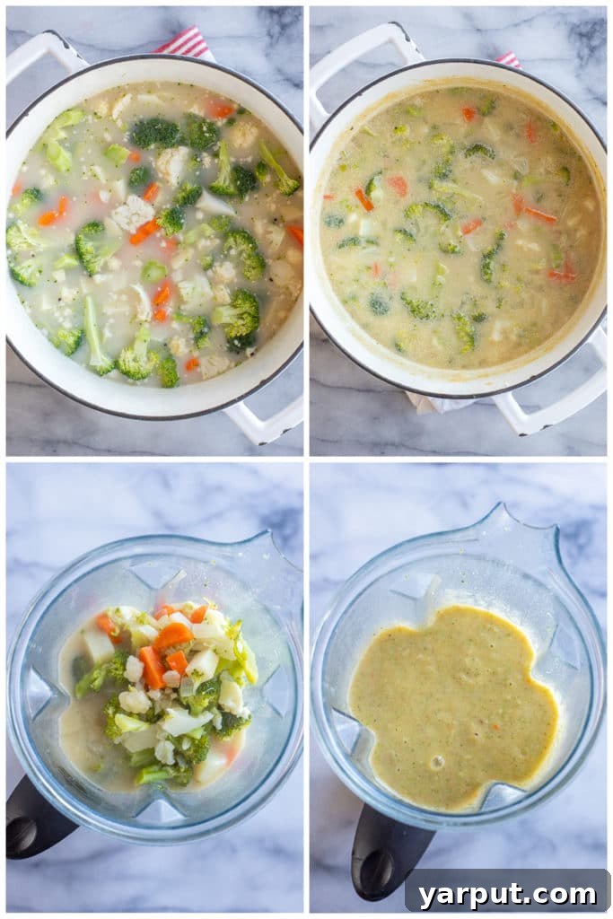 Velvety Broccoli Cheddar Soup with Fresh Vegetables 4 showing how to cook and puree the creamy broccoli cheese soup