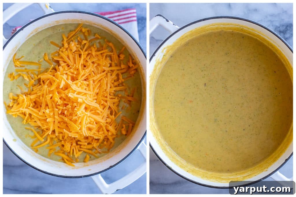 Velvety Broccoli Cheddar Soup with Fresh Vegetables 5 shredded yellow cheddar cheese being added and mixed into the soup