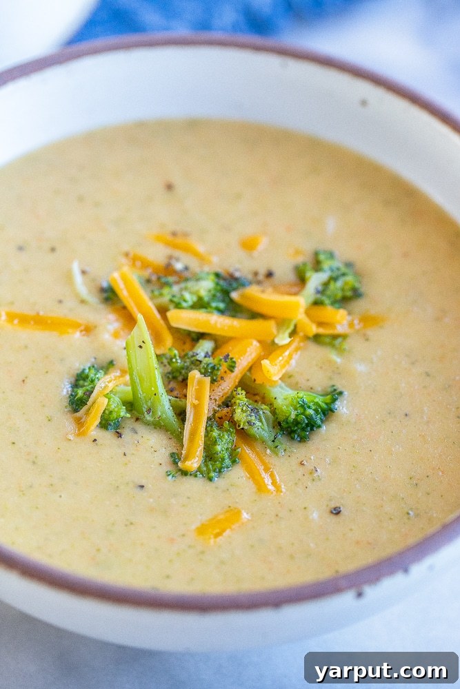 Velvety Broccoli Cheddar Soup with Fresh Vegetables 7 close up of lightened up broccoli cheese soup
