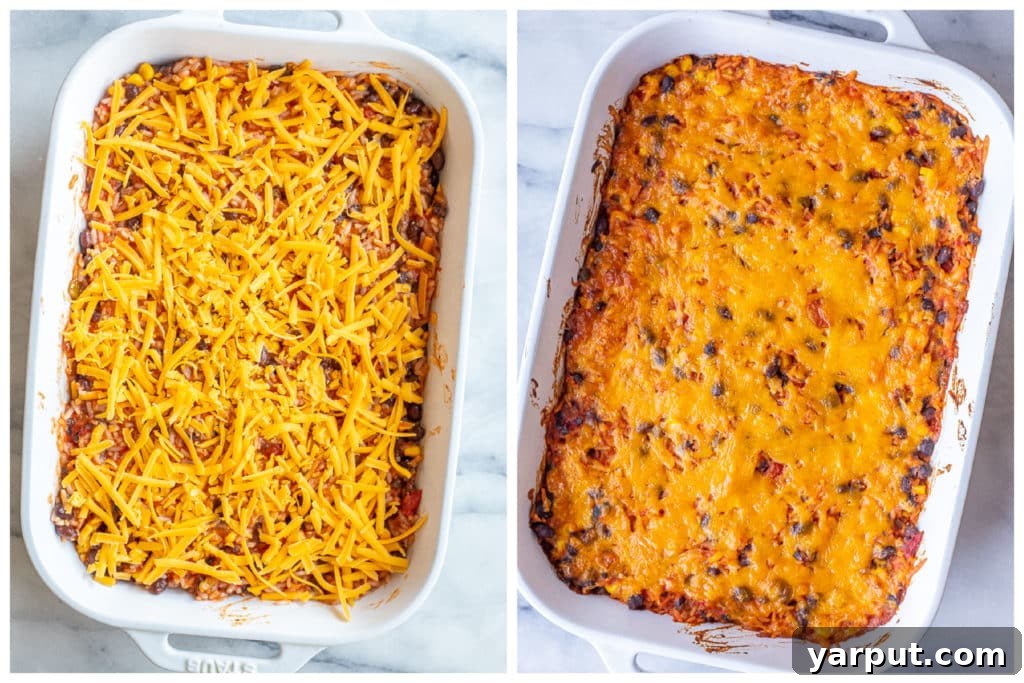 rice and bean taco casserole recipe before and after it has been baked