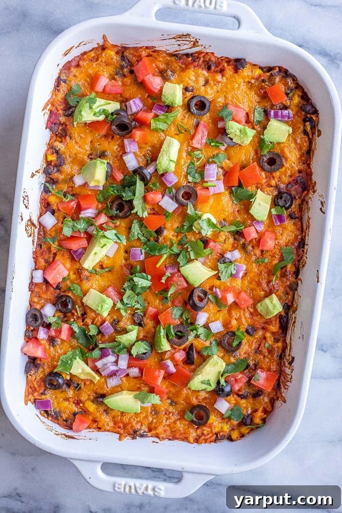 rice and bean casserole with all it's toppings