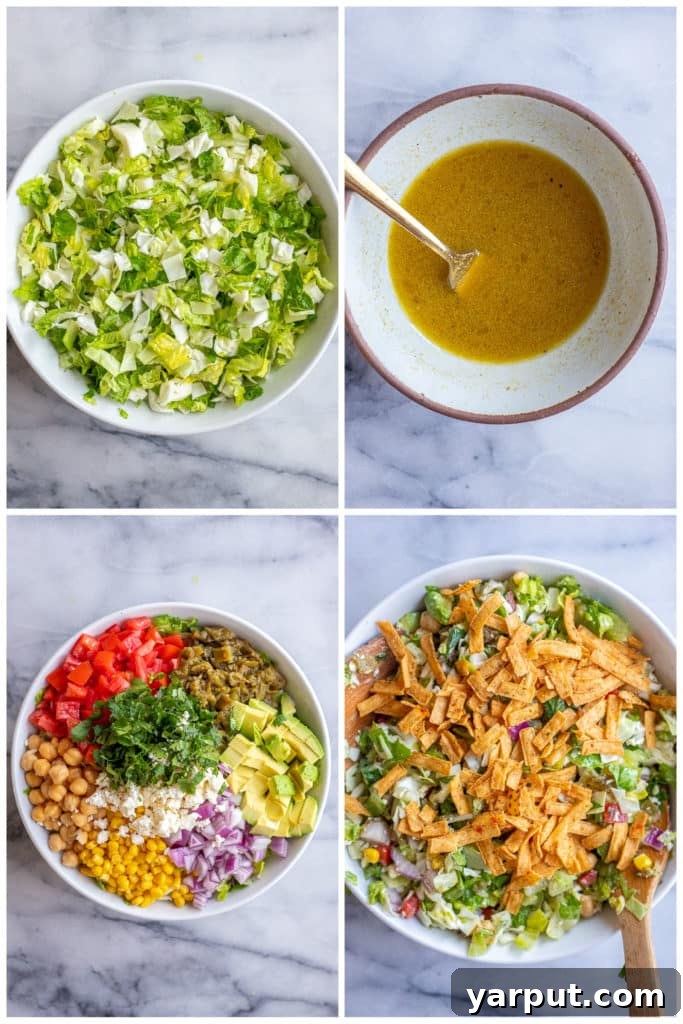 Southwest Green Chile Chop 3 showing how to make the perfect chopped salad using cabbage and romaine as a base