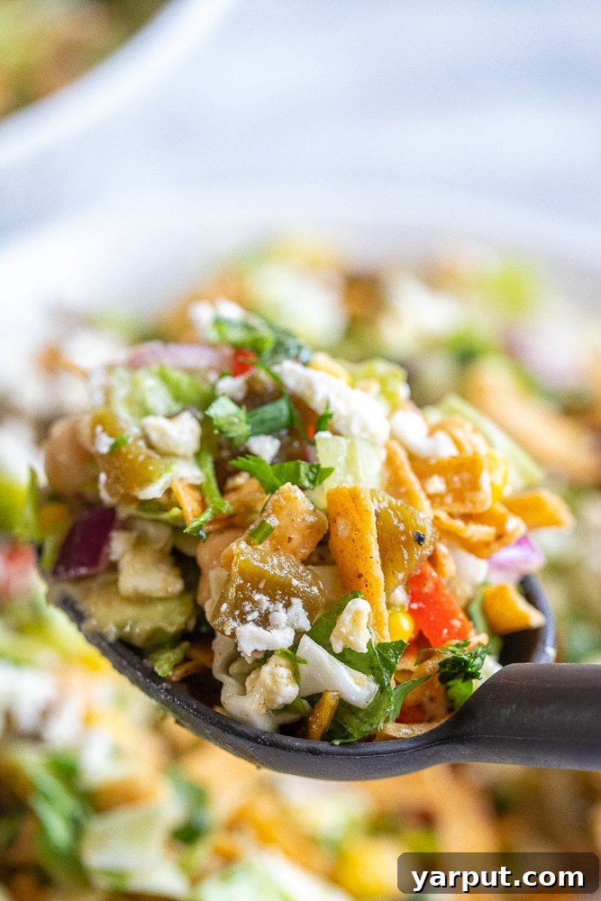 Southwest Green Chile Chop 5 a big spoonful of New Mexican Chopped Salad close up