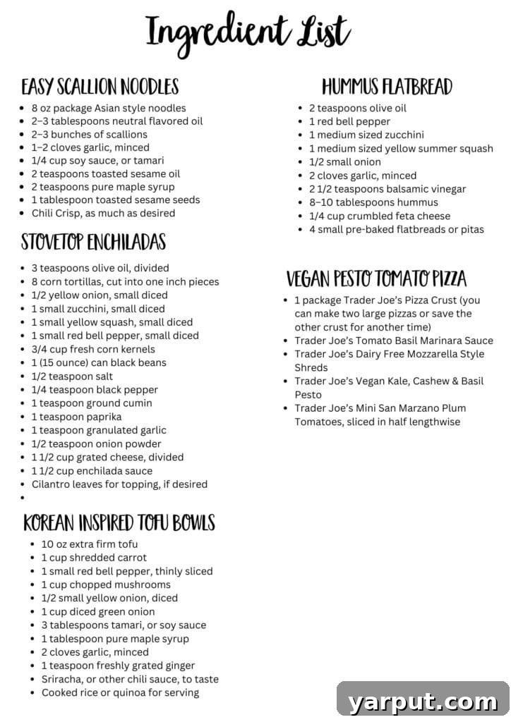 Effortless Vegetarian Meals for Week Two 8 Image of a detailed printable ingredient list for the weekly meal plan.