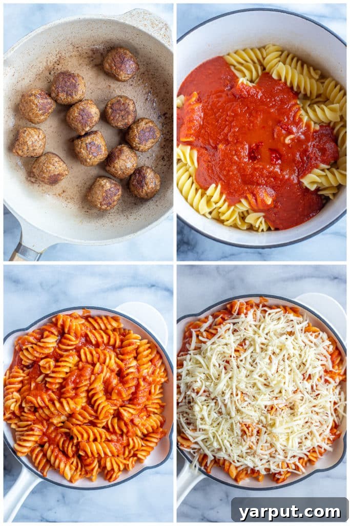 Boldly Spiced Baked Pasta and Plant-Powered Meatballs 4 A step-by-step visual guide showing how to prepare the easy spicy baked pasta, from combining ingredients in a pot to layering in a baking dish