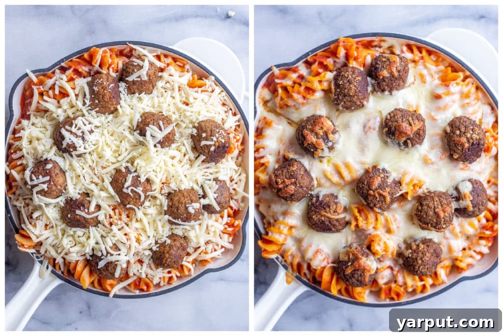 Boldly Spiced Baked Pasta and Plant-Powered Meatballs 5 A comparison image showing spicy baked pasta with vegetarian meatballs before baking with shredded cheese, and after baking with melted, golden-brown cheese