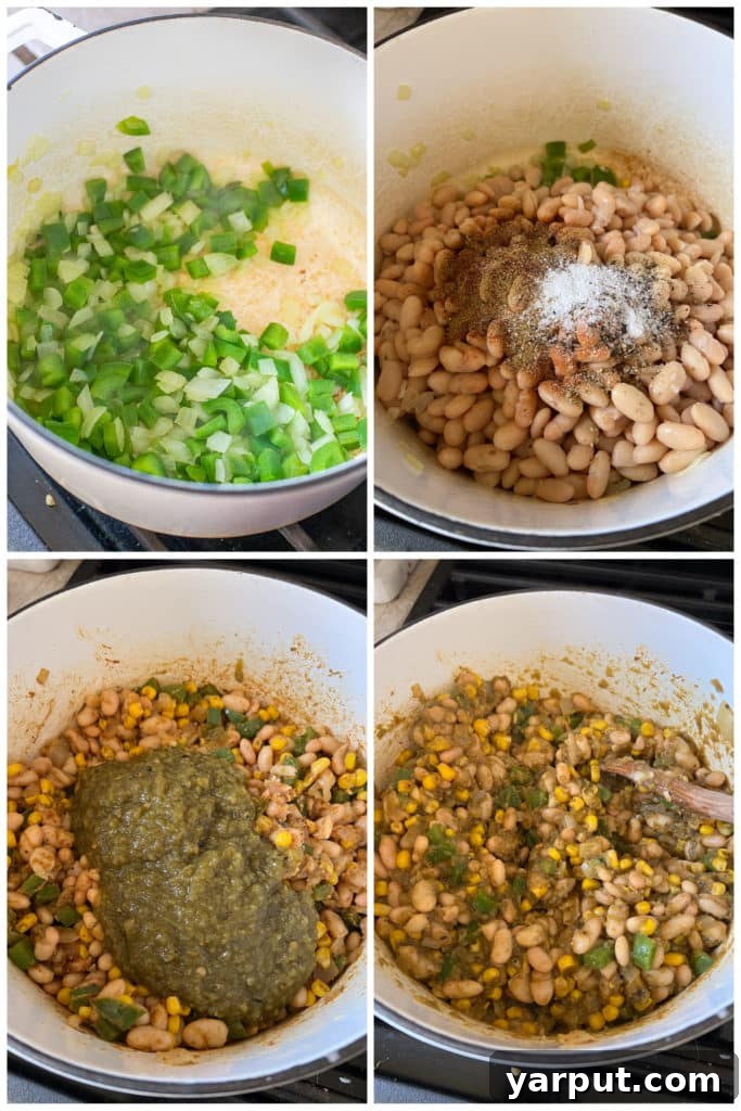 Velvety Plant-Based White Bean Chili 3 showing how to make vegetarian white bean chili by mixing all the ingredients together