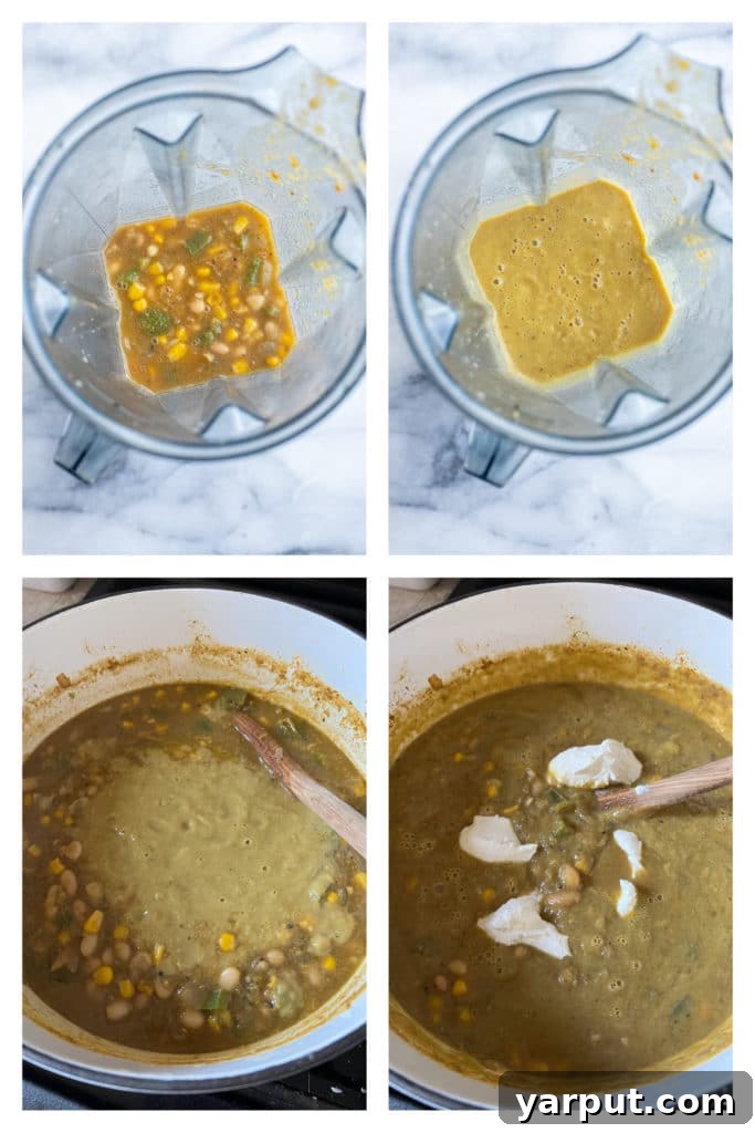 Velvety Plant-Based White Bean Chili 4 making the white bean chili creamy by blending and adding cream cheese