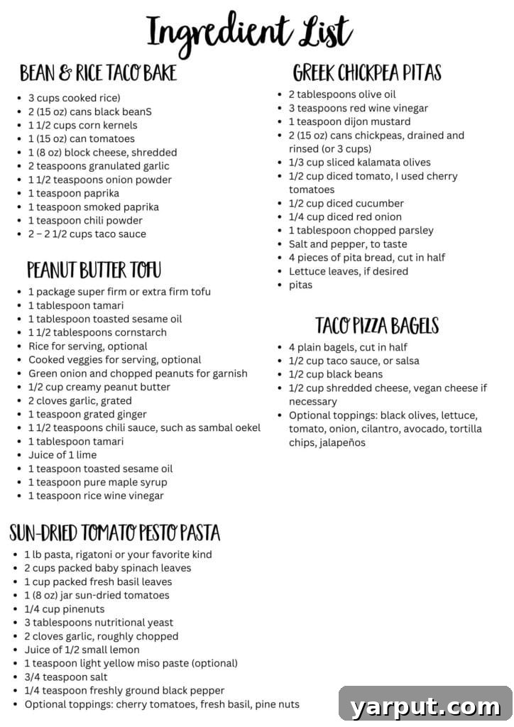 Quick and Easy Vegetarian Meal Plan Week 3 8 Printable weekly vegetarian meal plan ingredient list