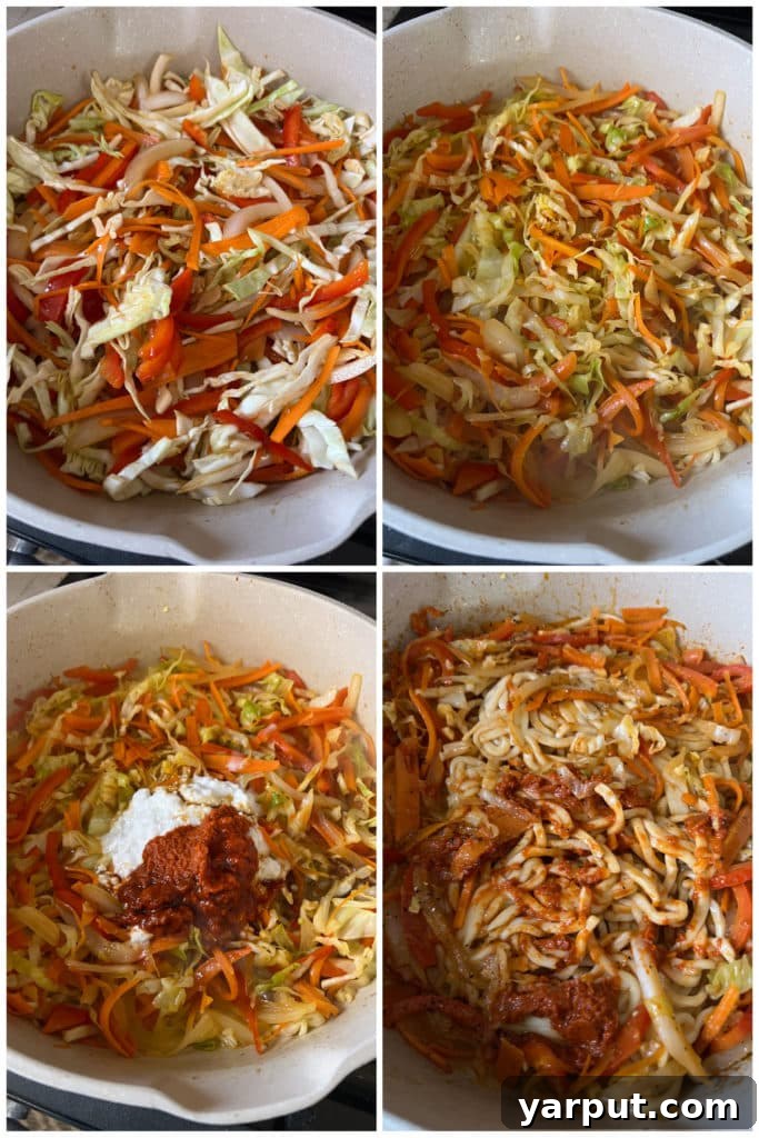 Step-by-step image showing how to prepare Red Thai Curry Noodles, with various fresh vegetables like cabbage, carrots, and bell peppers cooking in a large pan, creating an aromatic and colorful base for the curry.