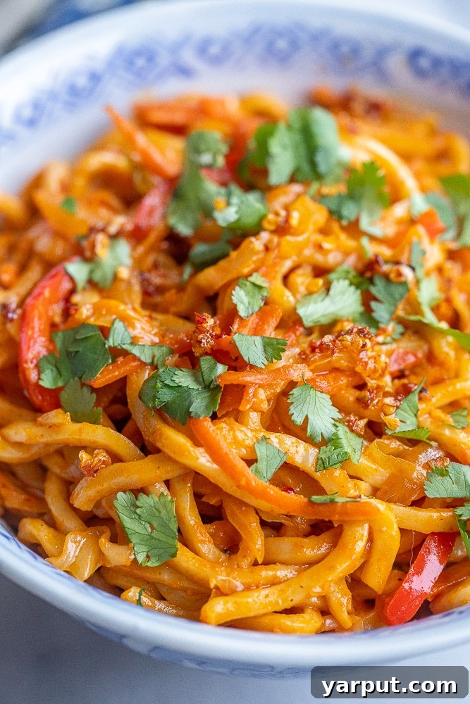 A beautifully plated bowl of Coconut Red Thai Curry Noodles, garnished with fresh herbs and a lime wedge, ready to be served and enjoyed.