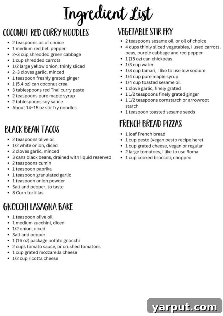 Quick & Easy Vegetarian Meal Plan - Week 4 8 A preview of the printable weekly vegetarian meal plan ingredient list, showing organized categories for easy grocery shopping.