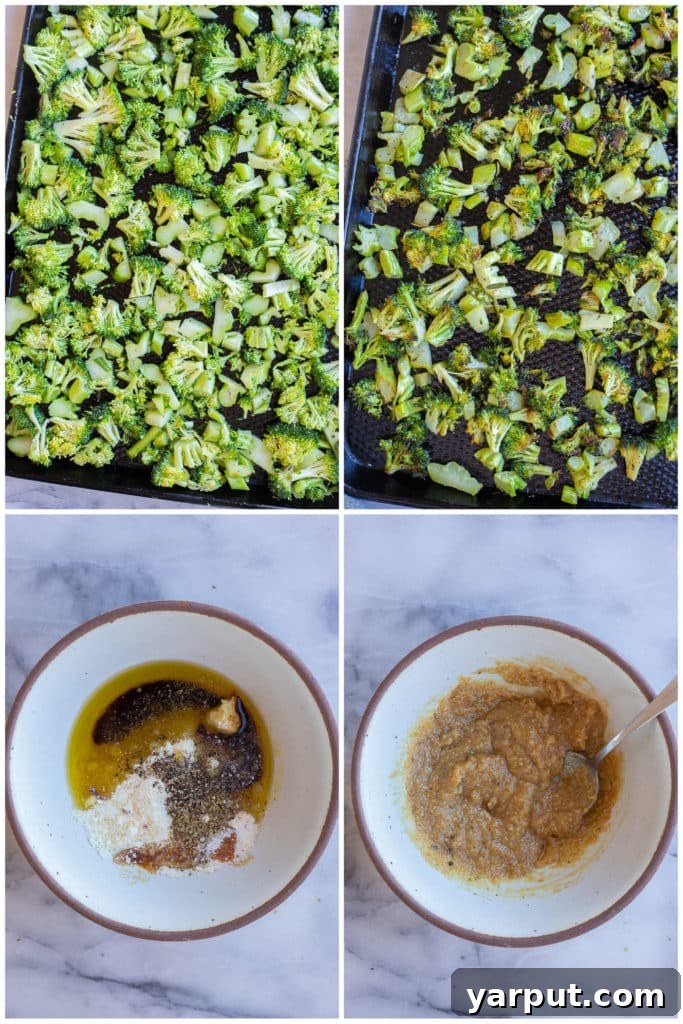 Golden Roasted Broccoli and Garlic Parmesan Pasta 3 showing how to make the roasted broccoli and the garlic parmesan sauce