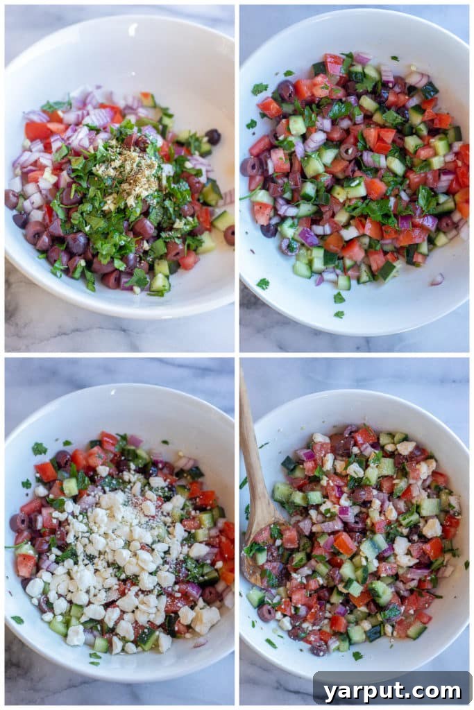 Vibrant Greek Hummus 3 Greek salad being mixed together in a bowl