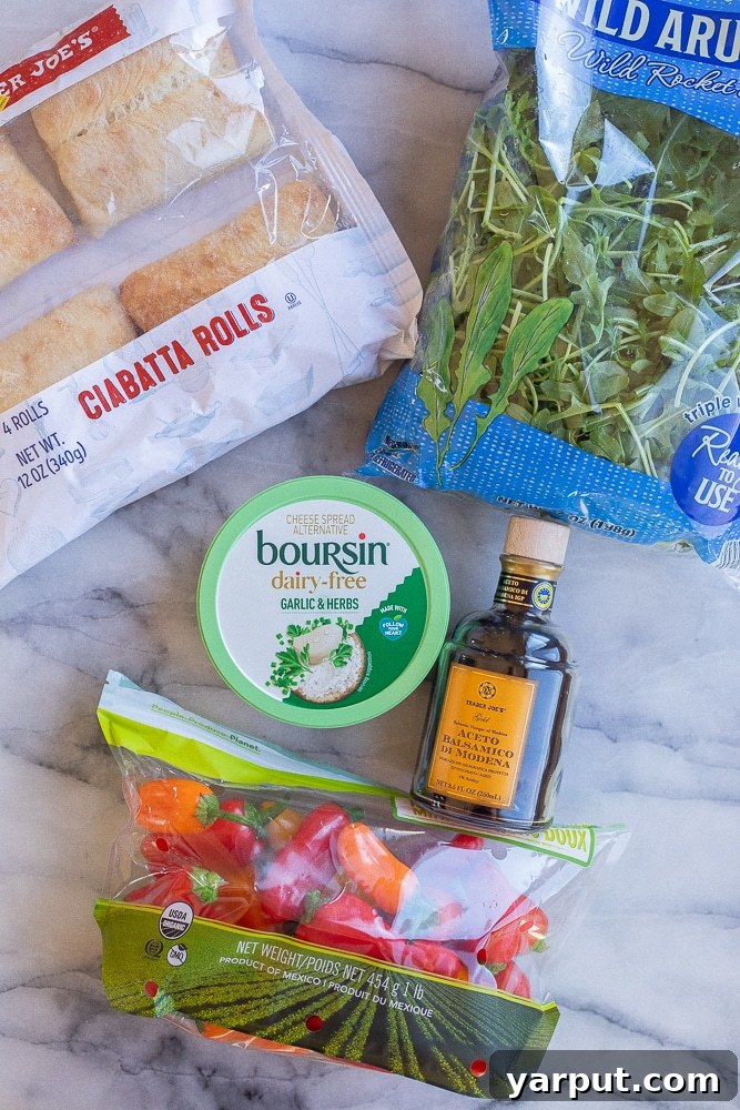 all ingredients needed to make these sweet pepper and Boursin ciabatta sandwiches