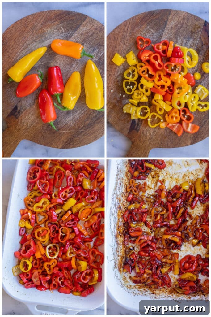 showing how to slice the sweet peppers and roast them with balsamic vinegar