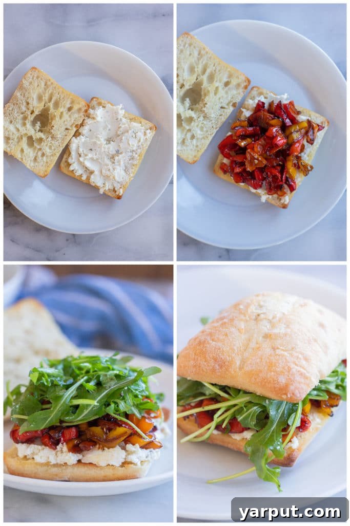 showing how to put together this roasted sweet pepper and Boursin sandwich