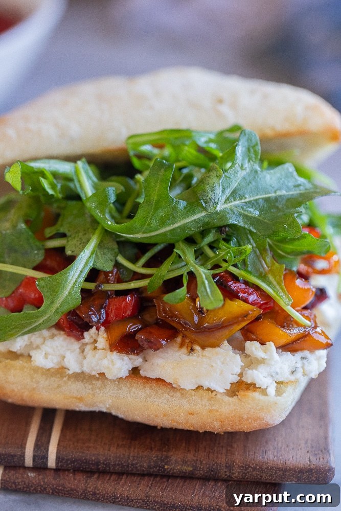 close up of balsamic roasted sweet pepper sandwich