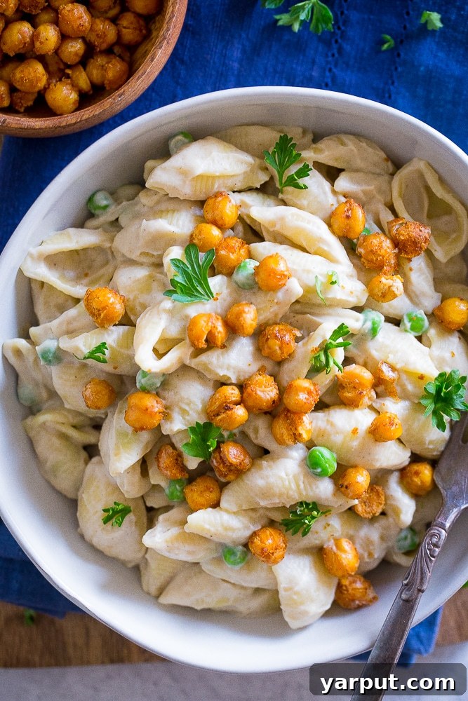 Vegan Alfredo Pasta with Crispy Chickpeas